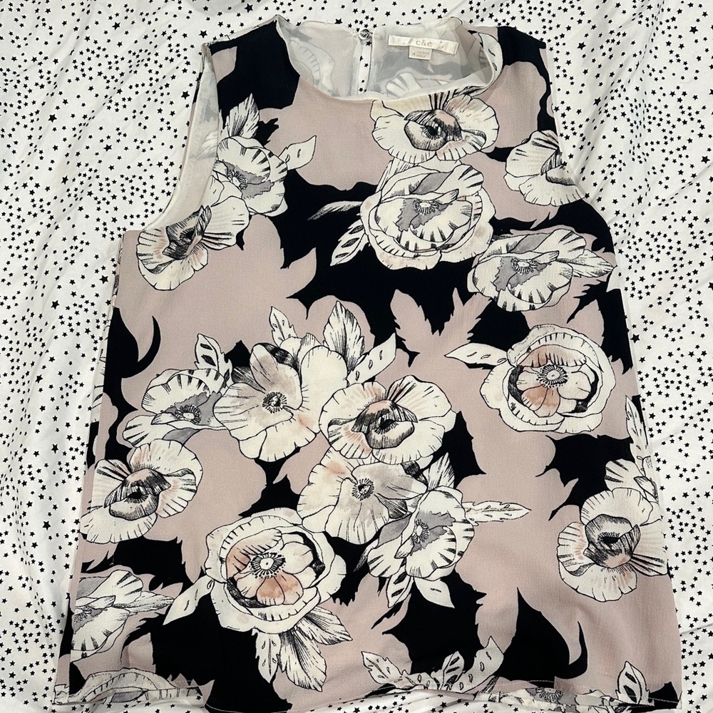 Floral Work Top - Black and dusty rose pink